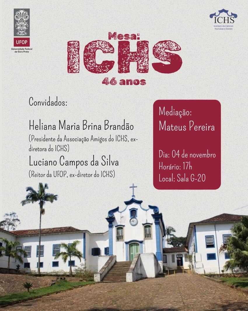 O cartaz mostra um prédio histórico colonial, de fachada branca com detalhes em azul. A construção tem janelas simétricas, portas centrais e uma escadaria que leva à entrada principal. No topo, há um sino e uma cruz, e o edifício é ladeado por palmeiras