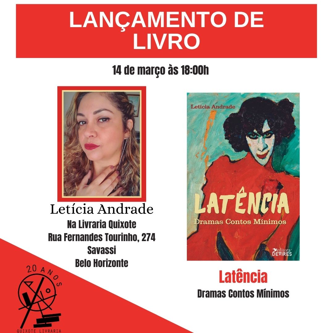 Banner com o fundo branco e título destacado em vermelho com letras na cor branca, seguido de uma imagem ao centro da professora Letícia Andrade, ao lado uma imagem da capa do livro Latência