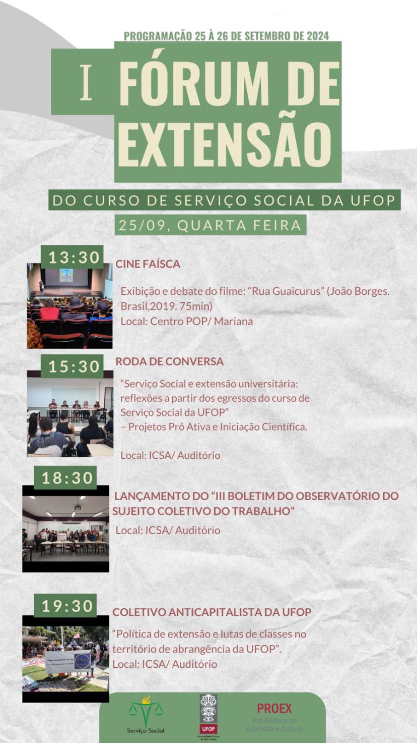 Programação I Fórum de Extensão do Curso de Serviço Social 