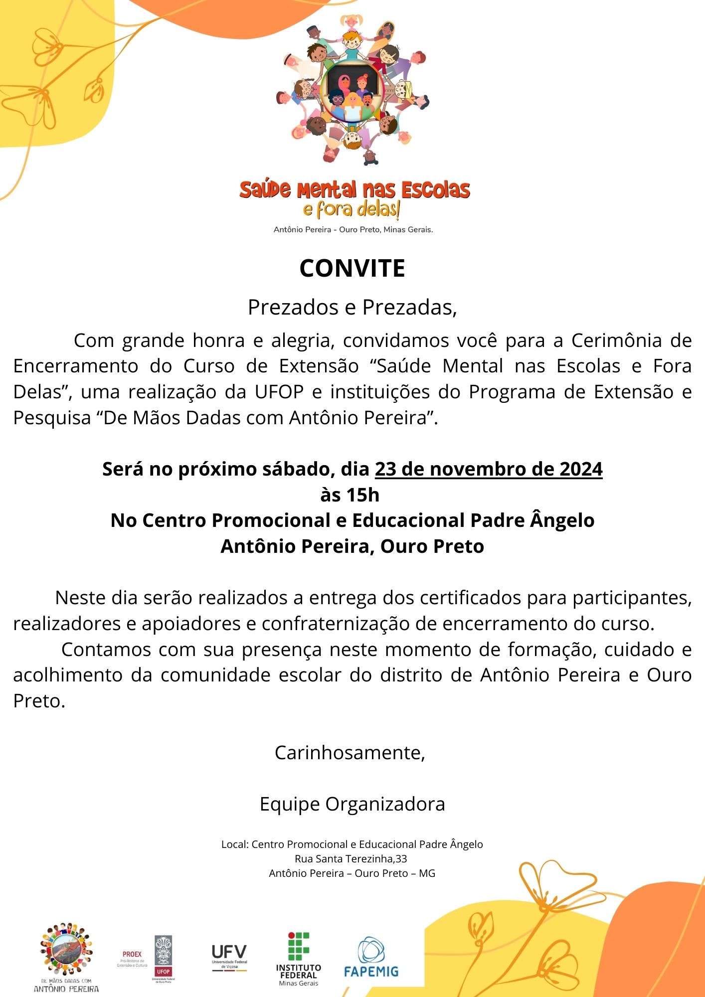 convite cerimônia de encerramento do Curso de Extensão Saúde Mental nas Escolas