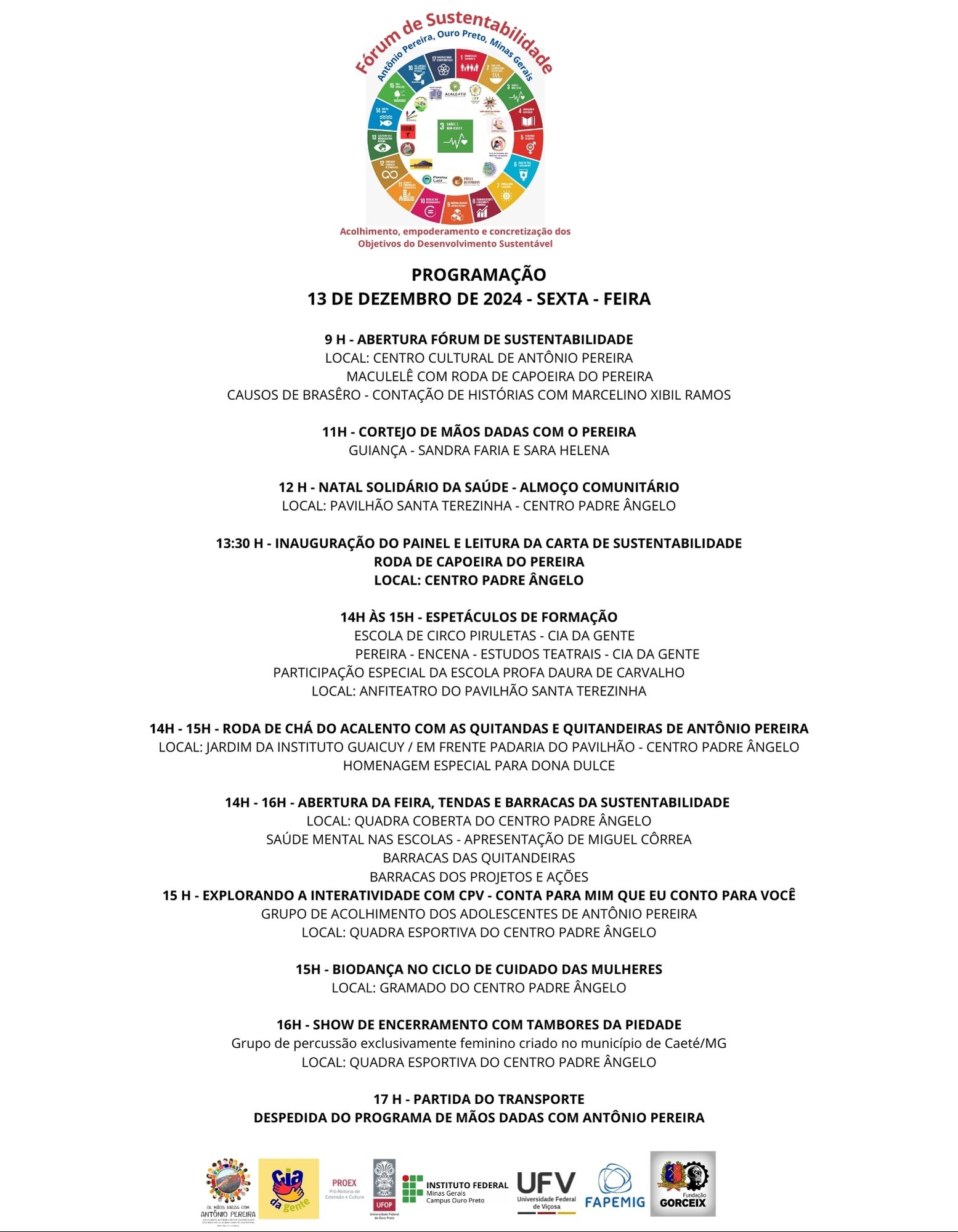 Programação do Fórum de Sustentabilidade de Antônio Pereira