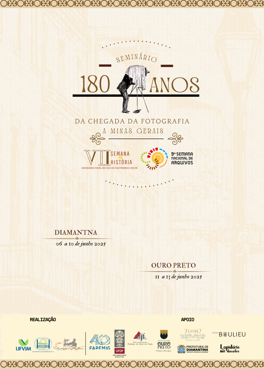 Banner com o titulo do evento, 180 anos da chegada da Fotografia a Minas Gerais.