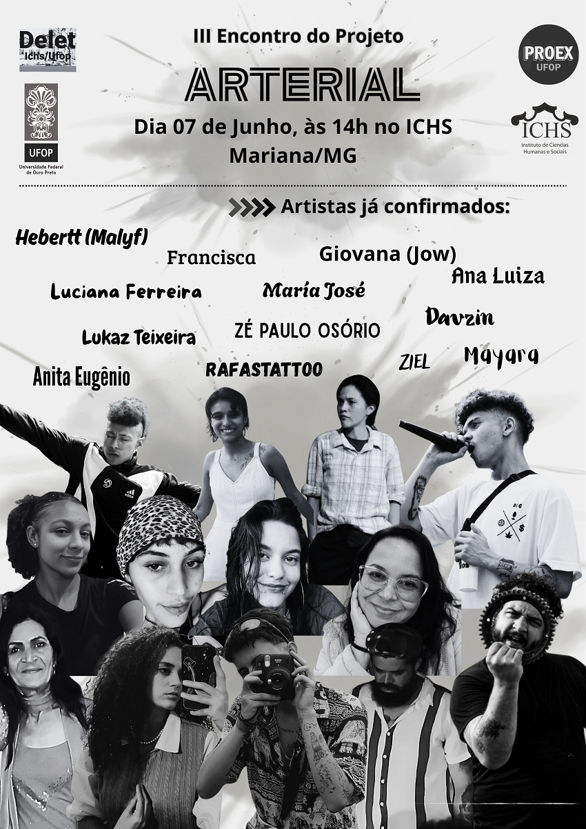 Cartaz preto e branco com fotos dos artistas e informações sobre o evento.