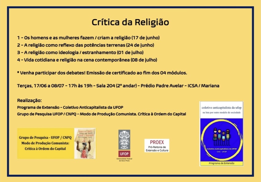 Cartaz amarelo e azul divulga o curso “Crítica da Religião”, com quatro encontros entre 17/06 e 08/07, às terças, das 17h às 19h, no ICSA/Mariana. Realização: Coletivo Anticapitalista da UFOP e grupo de pesquisa do CNPq. Certificação ao final.
