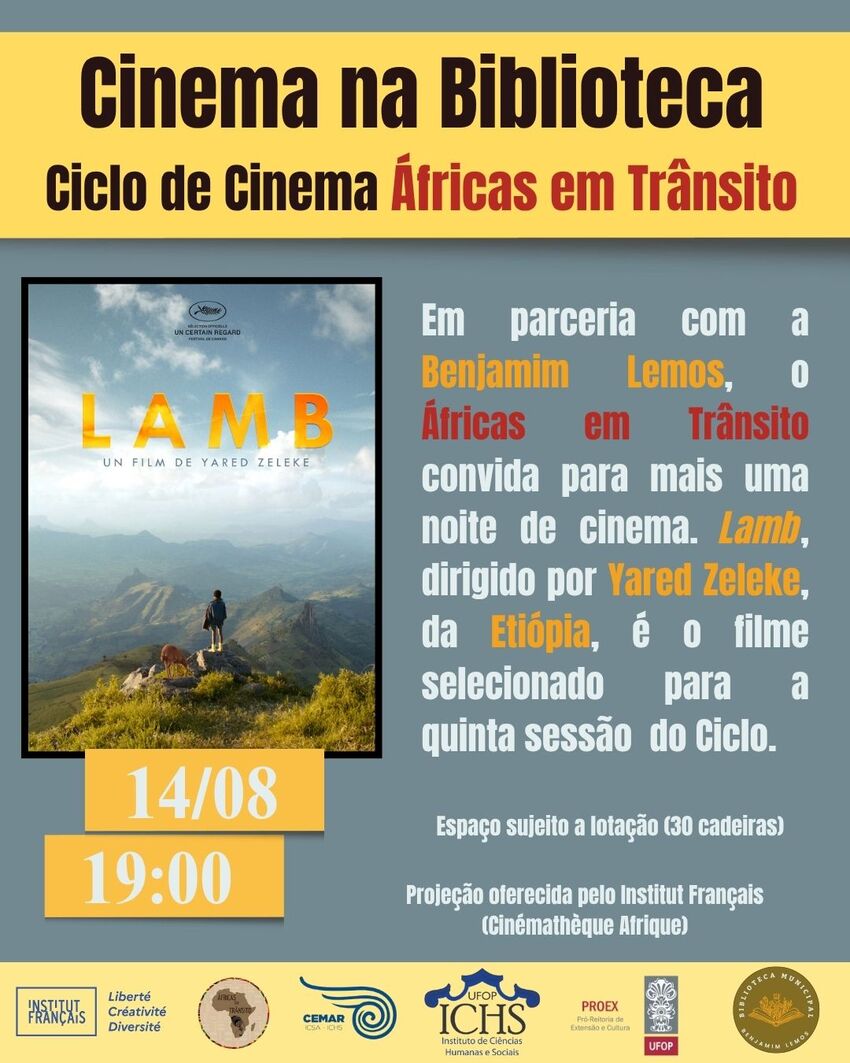 Cartaz do evento “Cinema na Biblioteca”. Ao centro, imagem de um garoto e uma ovelha sobre montanha verdejante. Texto ao lado direito e abaixo informa data (14/08), horário (19h) e detalhes do filme etíope Lamb.