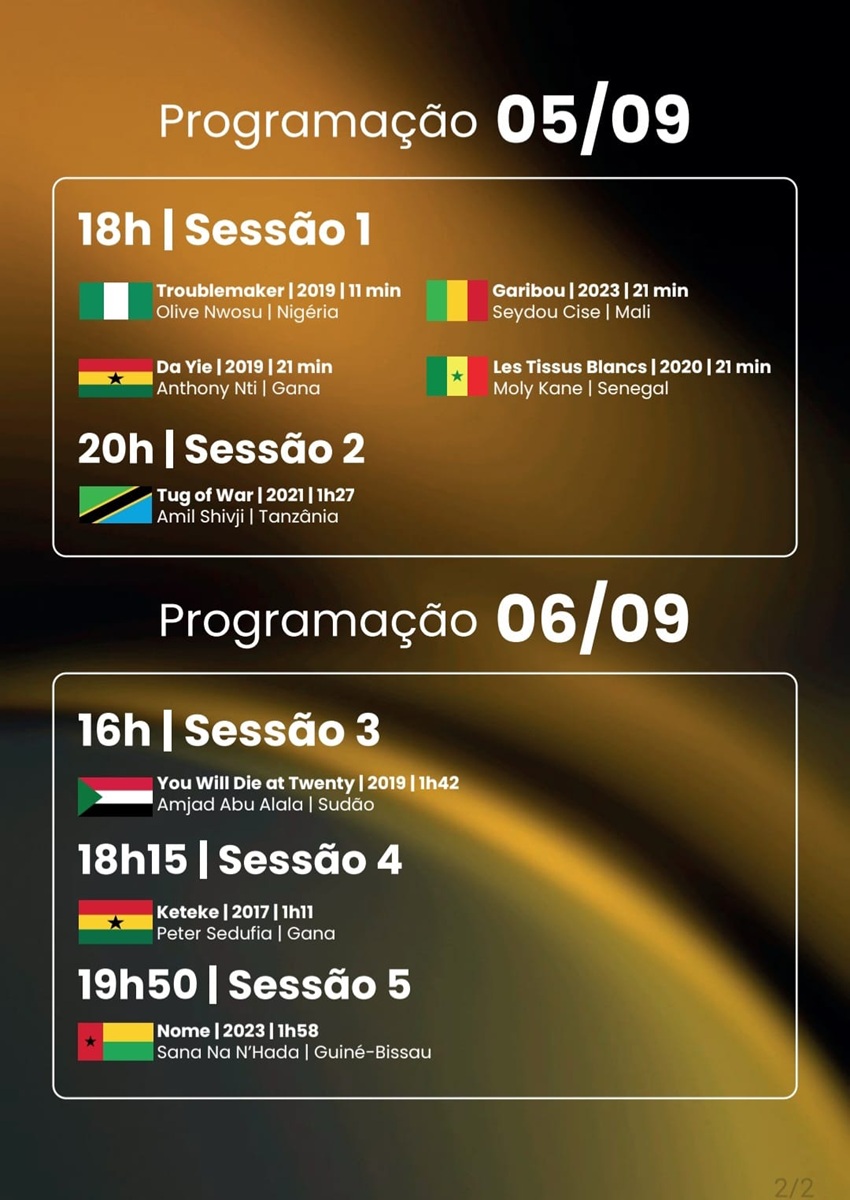 Programação da Mostra Áfricas em Trânsito nos dias 5 e 6 de setembro de 2025, com sessões de filmes africanos de países como Nigéria, Gana, Mali, Senegal, Tanzânia, Sudão e Guiné-Bissau.