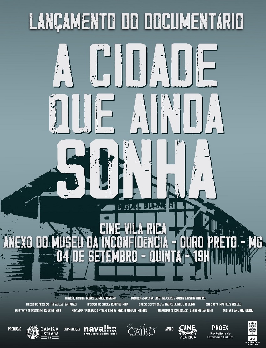 Cartaz do documentário A Cidade que Ainda Sonha, com fundo em tons de azul e imagem estilizada da Estação Ferroviária de Miguel Burnier.