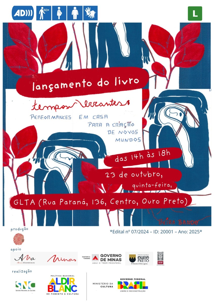 artaz colorido com ilustrações em azul, vermelho e branco, divulgando o lançamento do livro Tempos Errantes: Performances em Casa para a Criação de Novos Mundos.