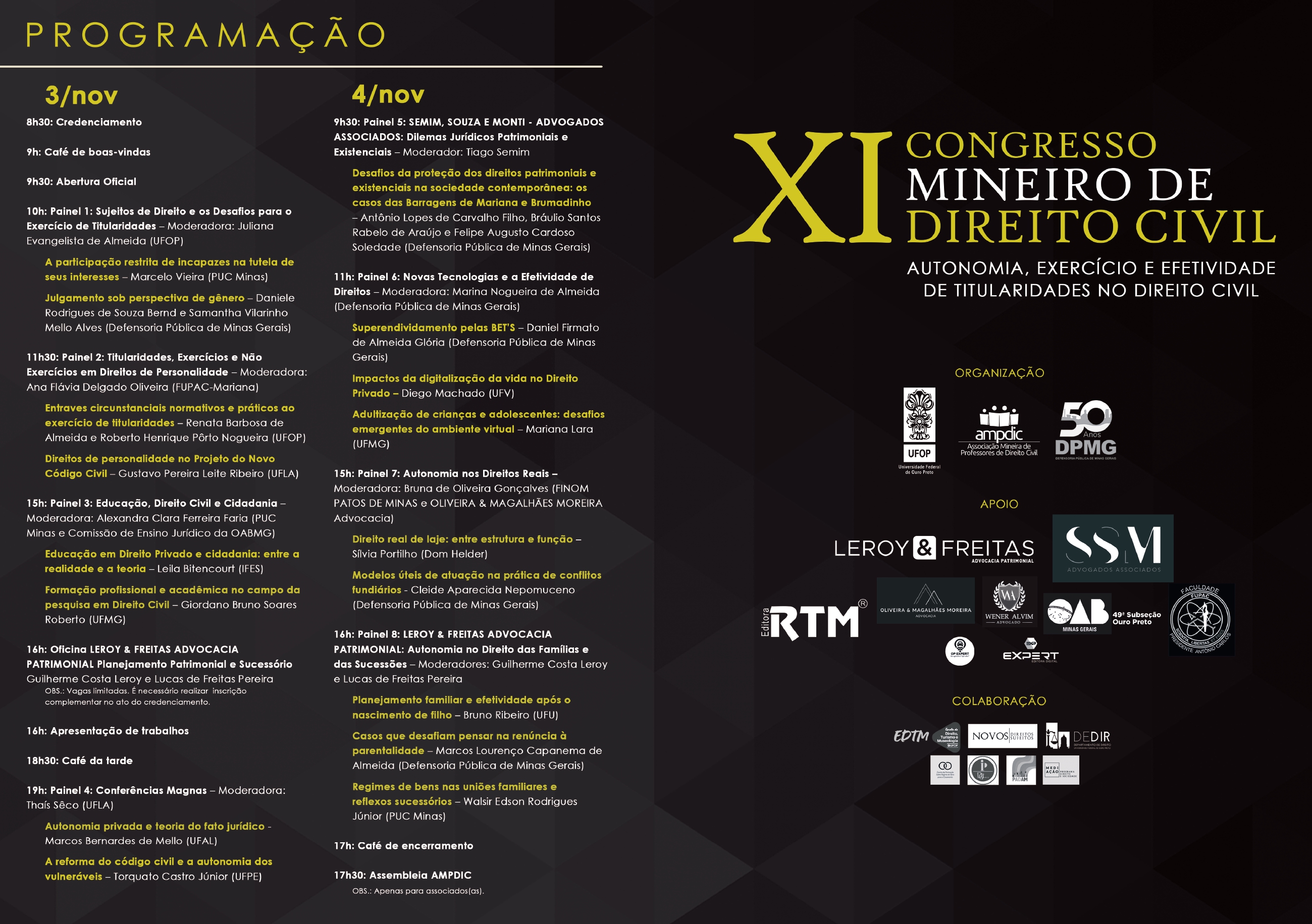 imagem em preto, amarelo e branco divulga a programação completa da décima primeira edição do Congresso Mineiro de direito civil