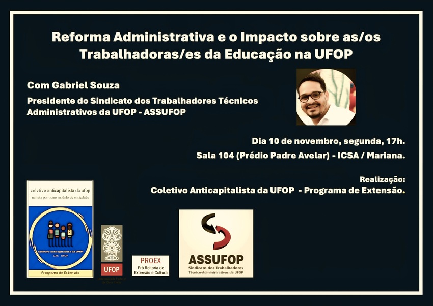 Cartaz preto com as informações sobre a palestra e foto do palestrante. 