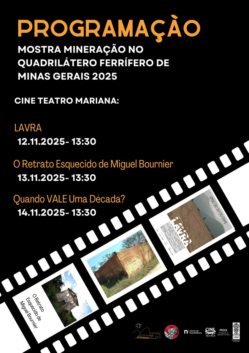 Cartaz de fundo preto com detalhes em laranja e branco. Há uma faixa em formato de película de filme com três imagens: paisagens e construções. Logotipos de instituições estão na parte inferior