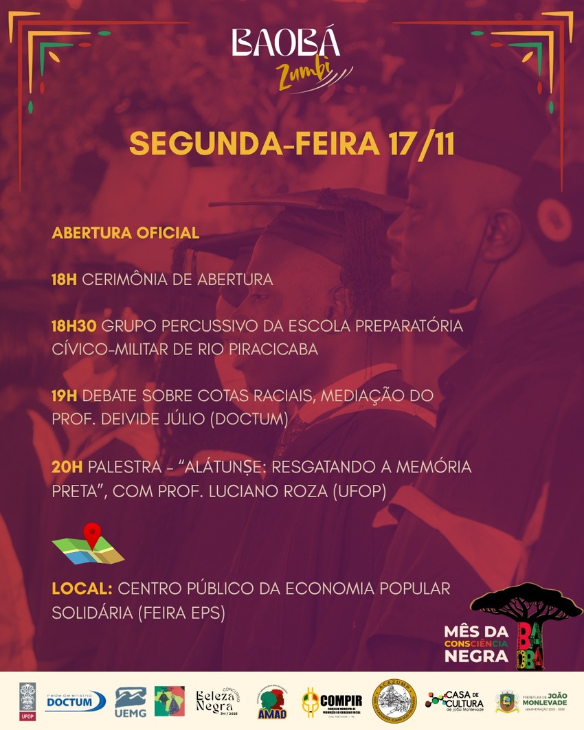Cartaz do evento Baobá Zumbi, com fundo de formandos negros. Traz programação do dia 17/11 com abertura, apresentação percussiva, debate sobre cotas raciais e palestra. Inclui logos de apoiadores e símbolo do Mês da Consciência Negra