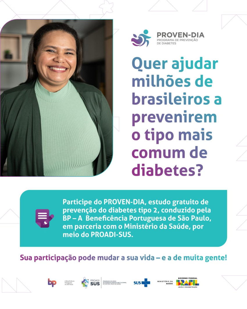 À esquerda, há a foto de uma mulher adulta sorrindo, usando uma blusa verde-clara e um casaco em tom mais escuro. À direita da imagem, sobre fundo claro, aparece o logotipo do PROVEN-DIA, seguido do texto sobre informações da pesquisa.  