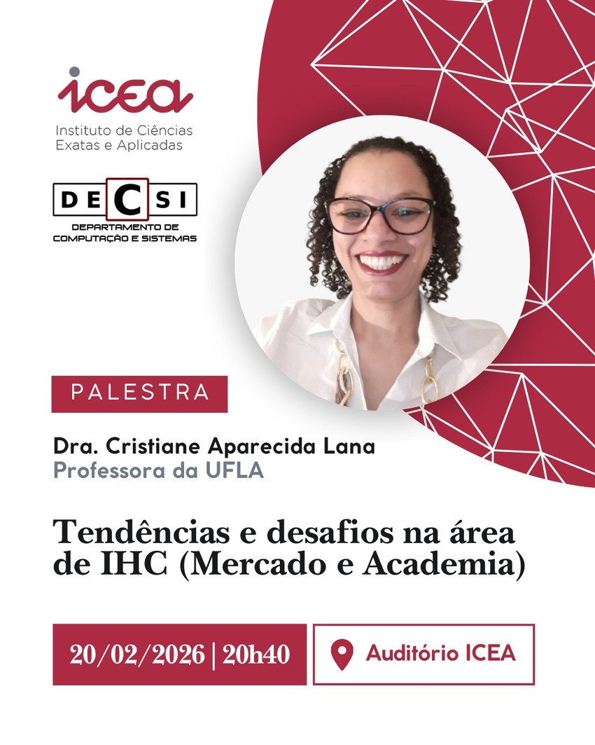 Banner de divulgação de uma palestra da prof Cristiane Aparecida sobre IHC em João Monlevade