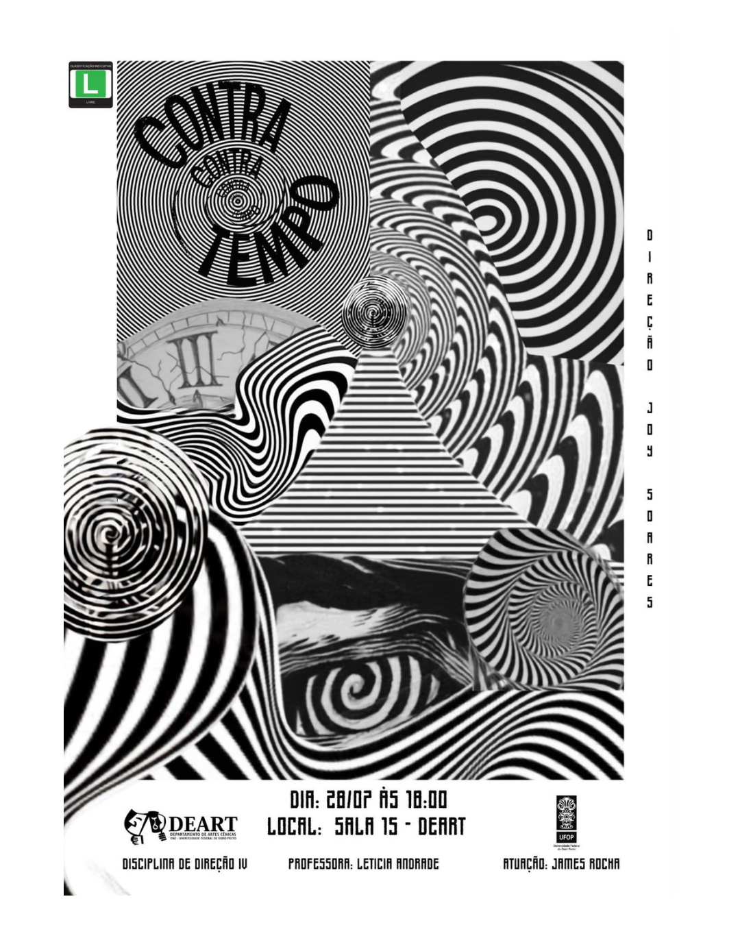 Segue um alt text acessível e descritivo:  Cartaz da peça "Contratempo". Em fundo branco, a composição central é formada por padrões ópticos em preto e branco com espirais, listras onduladas e círculos concêntricos que criam uma ilusão de movimento. O tít