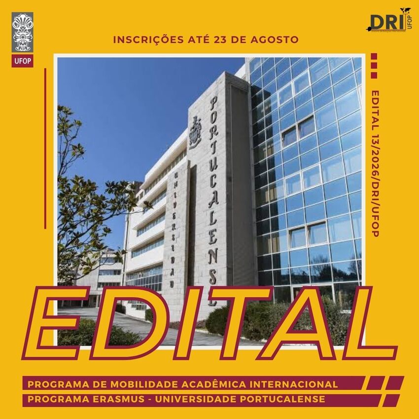 Banner do edital de intercâmbio para a Universidade Portucalense, em Portugal, com foto da instituição e inscrições até 23 de agosto.
