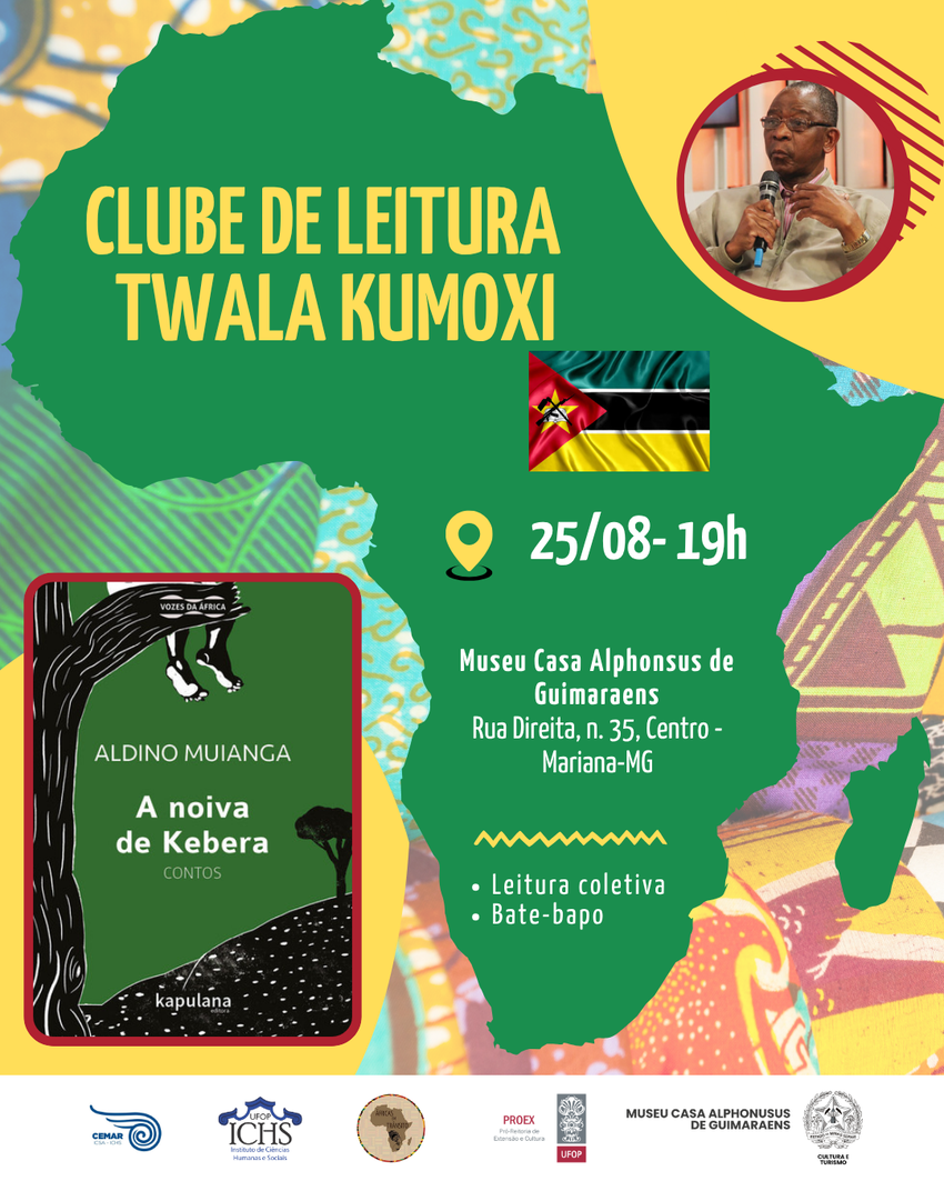 Imagem gráfica com fundo colorido em verde, amarelo e azul. Ao centro, em letras grandes amarelas, está escrito “CLUBE DE LEITURA TWALA KUMOXI”. No canto superior direito, há uma fotografia circular de um homem negro falando ao microfone. Na parte inferio