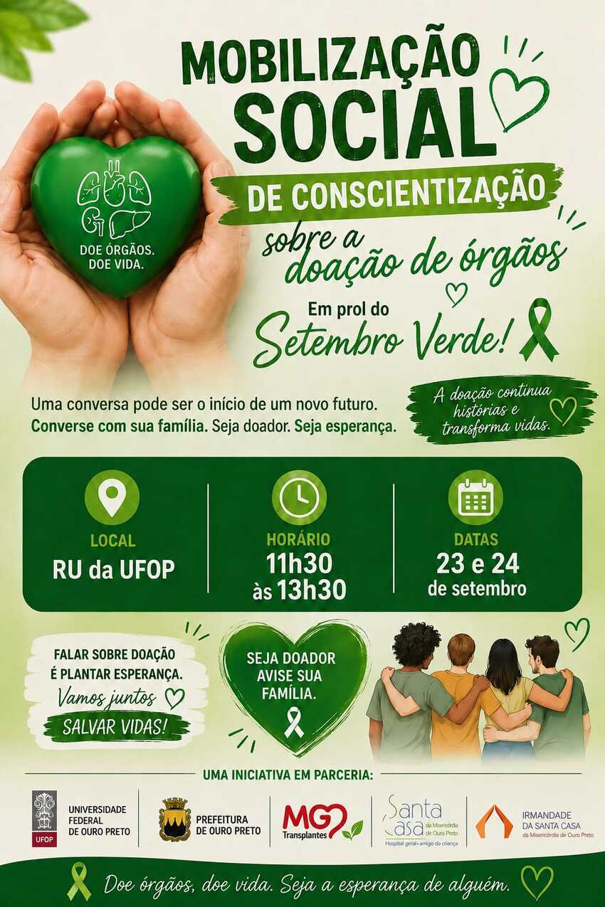 Arte de divulgação da mobilização social sobre doação de órgãos, nos dias 23 e 24 de setembro, no RU da UFOP, pelo Setembro Verde.