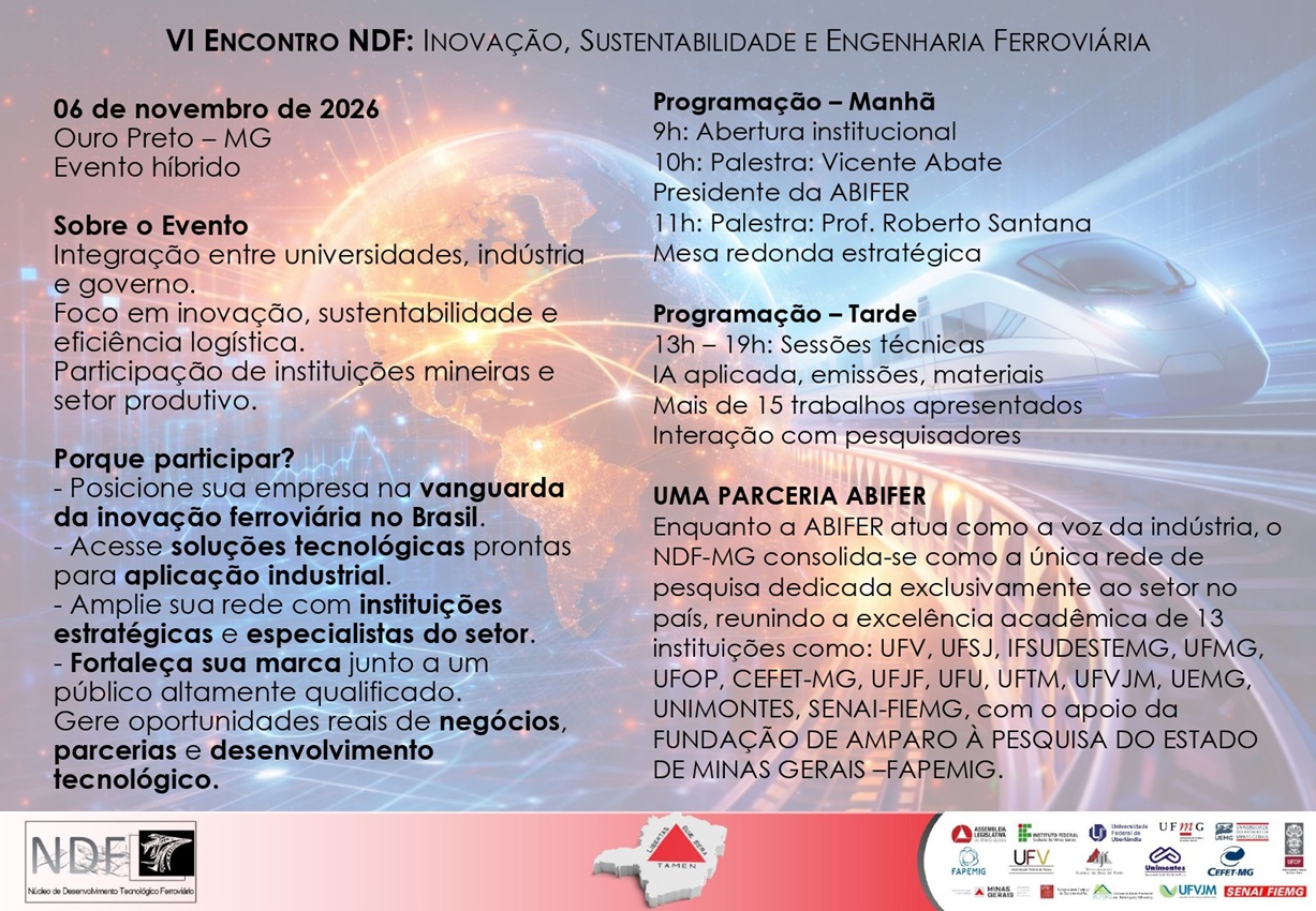 Card de divulgação do VI Encontro NDF, sobre inovação, sustentabilidade e engenharia ferroviária, com linhas de pesquisa, contatos e logos institucionais.