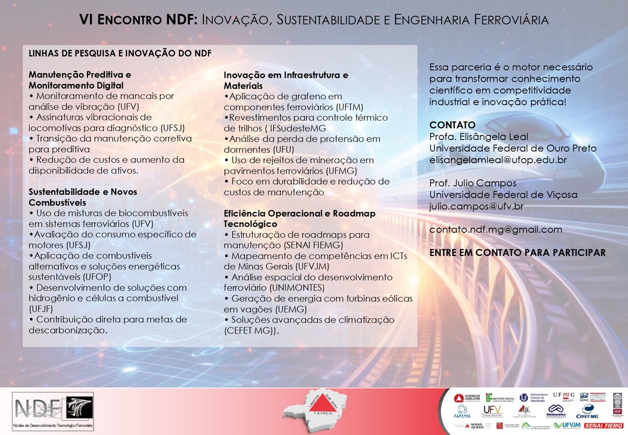 Card de divulgação do VI Encontro NDF, sobre inovação, sustentabilidade e engenharia ferroviária, com linhas de pesquisa, contatos e logos institucionais.