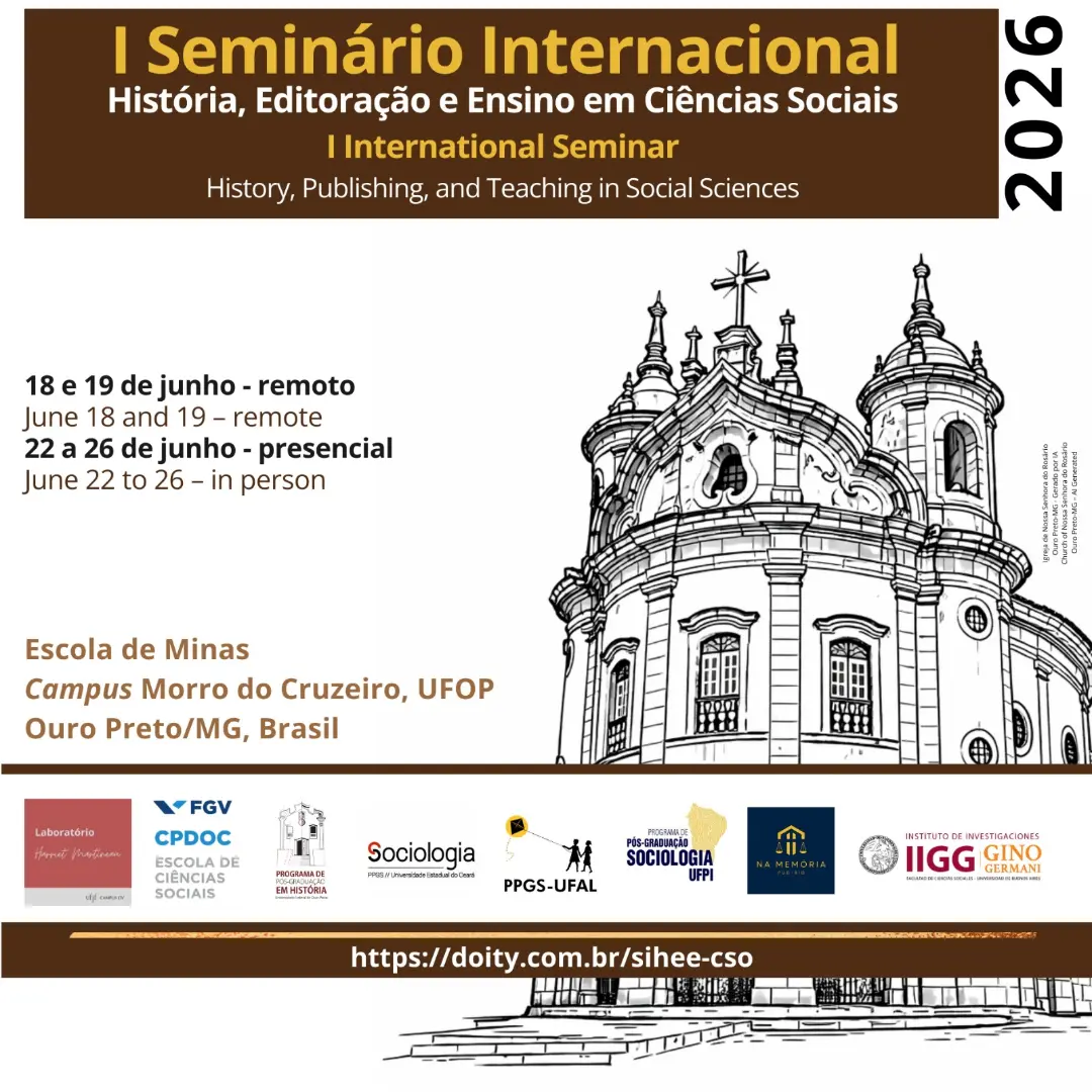 Card de divulgação do I Seminário Internacional de História, Editoração e Ensino em Ciências Sociais, com datas do evento (18 a 26 de junho de 2026), local na Escola de Minas da UFOP em Ouro Preto e ilustração de uma igreja histórica.