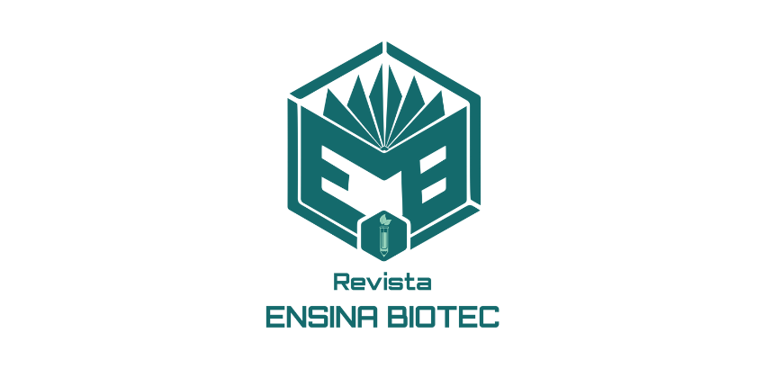 Logotipo da Revista Ensina Biotec em verde. O design em forma de hexágono contém as letras E e B, um livro aberto estilizado no topo e um tubo de ensaio com uma folha ao centro.