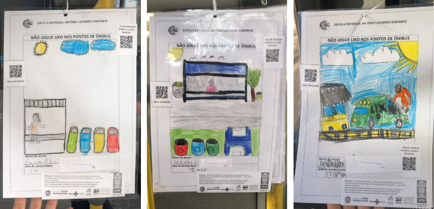 Imagem de três cartazes com desenhos de estudantes de João Monlevade, alertando para que não se descarte lixo nos pontos de ônibus