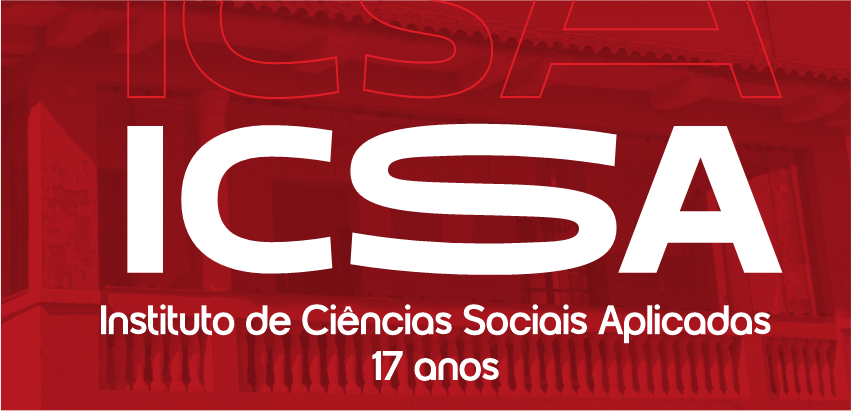 Arte comemorativa dos 17 anos do Instituto de Ciências Sociais Aplicadas (ICSA). Fundo vermelho com a sigla ICSA em destaque em branco e, abaixo, o texto 'Instituto de Ciências Sociais Aplicadas – 17 anos