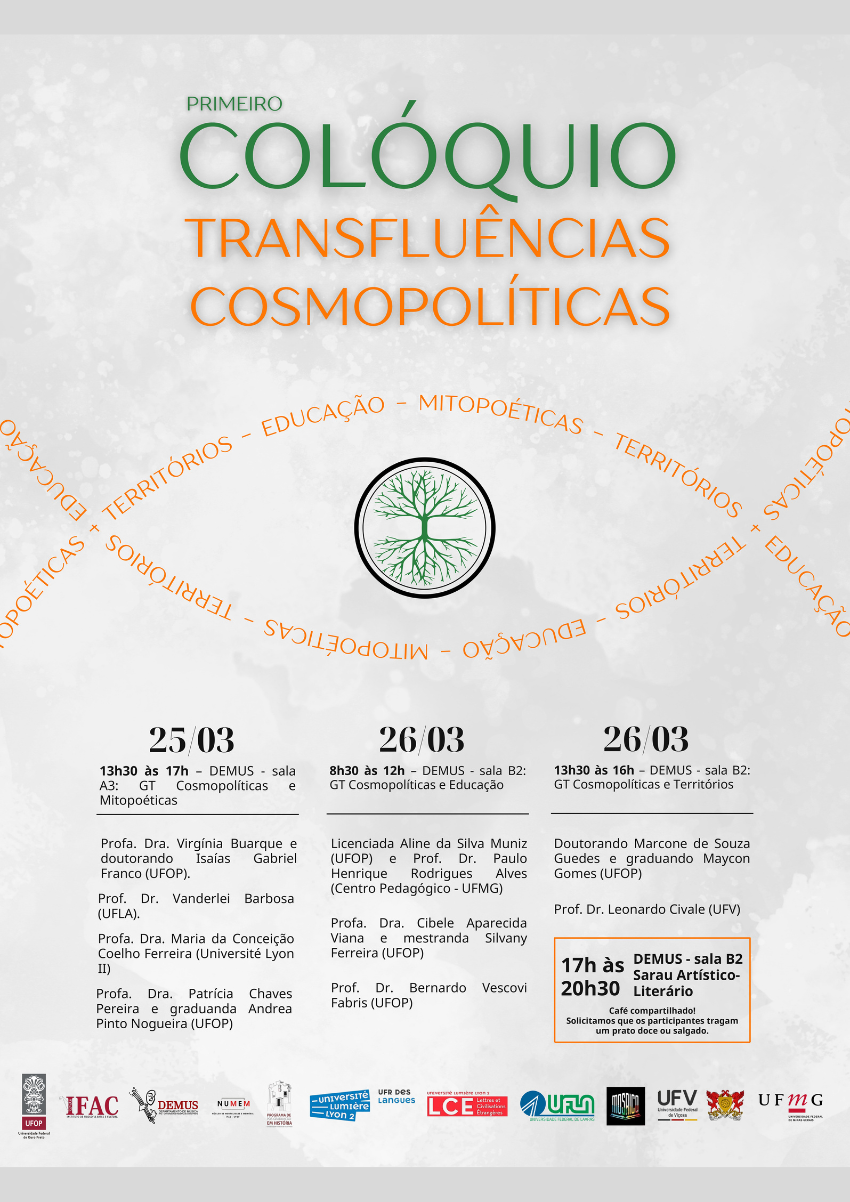 Banner com a programação do Primeiro Colóquio Transfluências Cosmo. políticas: Mitopoéticas, Educação e Territórios