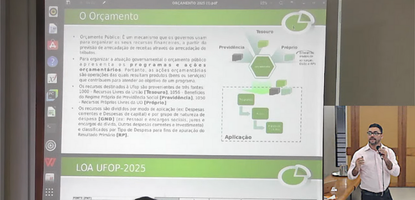 Uma reprodução da transmissão ao vivo da reunião do Cuni, que mostra o slide e, no canto inferior direito, a imagem do pró-reitor Thiago Silva