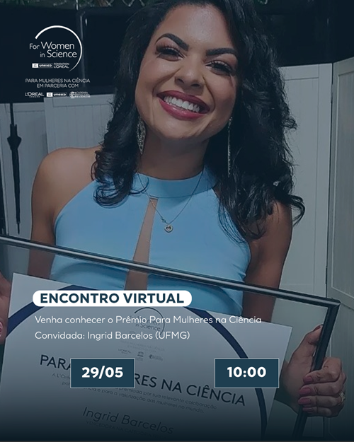 Imagem com informações sobre o encontro virtual e foto da Ingrid Barcelos