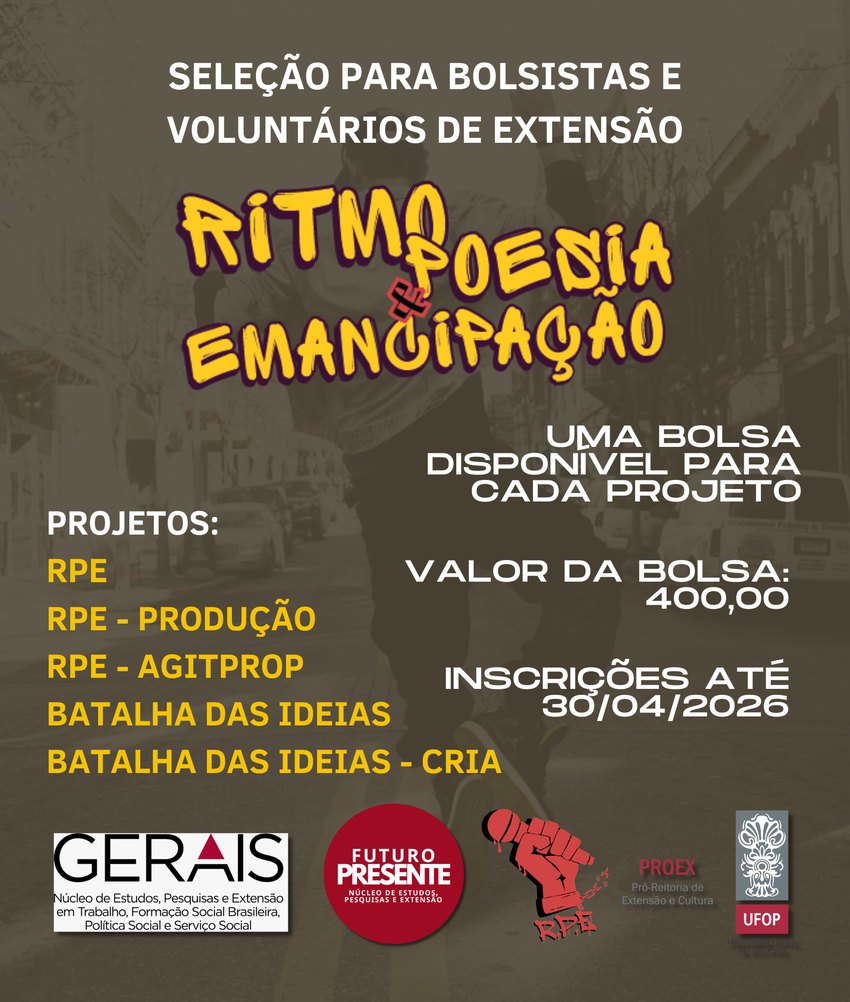 Com cores branca, amarela e marrom o cartaz divulga oportunidade de bolsistas e voluntários em projetos de extensão com foco artístico-cultural. Quase transparente observamos um jovem com microfeno de costas ao fundo.