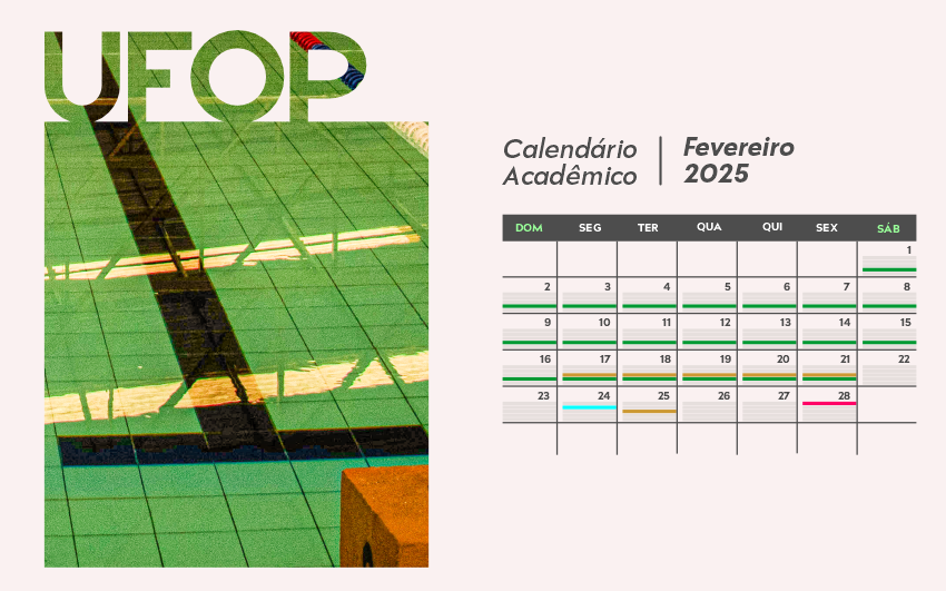 A imagem, de fundo claro, tem a imagem de uma piscina à esquerda. À direita, está o calendário de fevereiro de 2025.