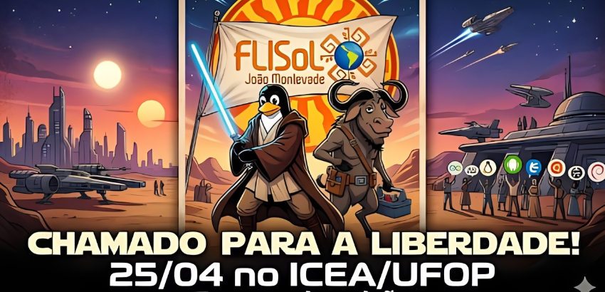 Ilustração promocional do FLISOL João Monlevade com temática inspirada em ficção científica. No centro, aparecem dois personagens: um pinguim (referência ao Linux) vestido como um cavaleiro futurista segurando um sabre de luz azul, e um gnu antropomórfico