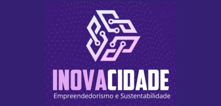 Logo em fundo roxo com símbolo geométrico branco que remete a tecnologia e inovação. Abaixo, o texto “INOVACIDADE” em letras grandes e “Empreendedorismo e Sustentabilidade” em letras menores.