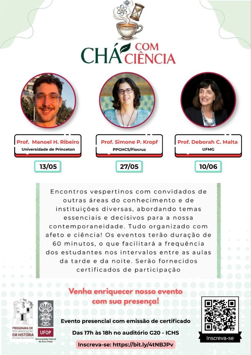 Imagem divulga os encontros de debates de temas contemporâneos no contexto atual da comunidade . Os professores são de três instituições diferentes. As inscrições pode ser feitas no QR Code ou no link.