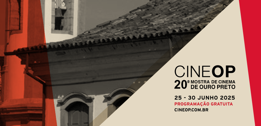 A arte de fundo é uma fotografia em preto e branco de uma igreja histórica de Ouro Preto. A arte conta com faixas diagonais em vermelho, preto translúcido e bege que se sobrepõem à fotografia. 