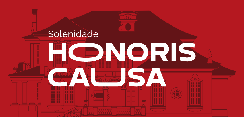 Imagem com fundo vermelho e ilustração de um prédio histórico em linhas finas. Em destaque, o texto em branco: “Solenidade HONORIS CAUSA”. O número “1926” aparece na fachada do edifício, no topo central, indicando o ano de construção.