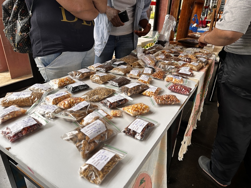 Mesa com pacotes de grãos, sementes e alimentos embalados para exposição e venda
