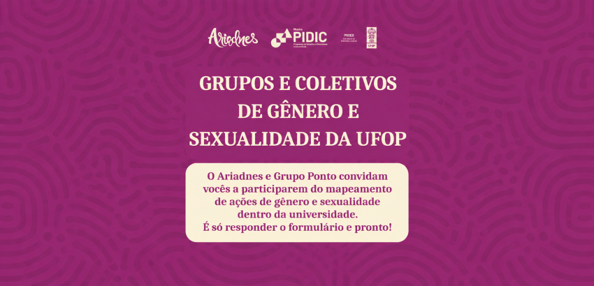 Card em tons de roxo e magenta com padrões abstratos ao fundo e logos da UFOP no topo. O destaque é o título “Grupos e Coletivos de Gênero e Sexualidade da UFOP”. Abaixo, há um quadro claro convidando a comunidade universitária a participar do mapeamento 
