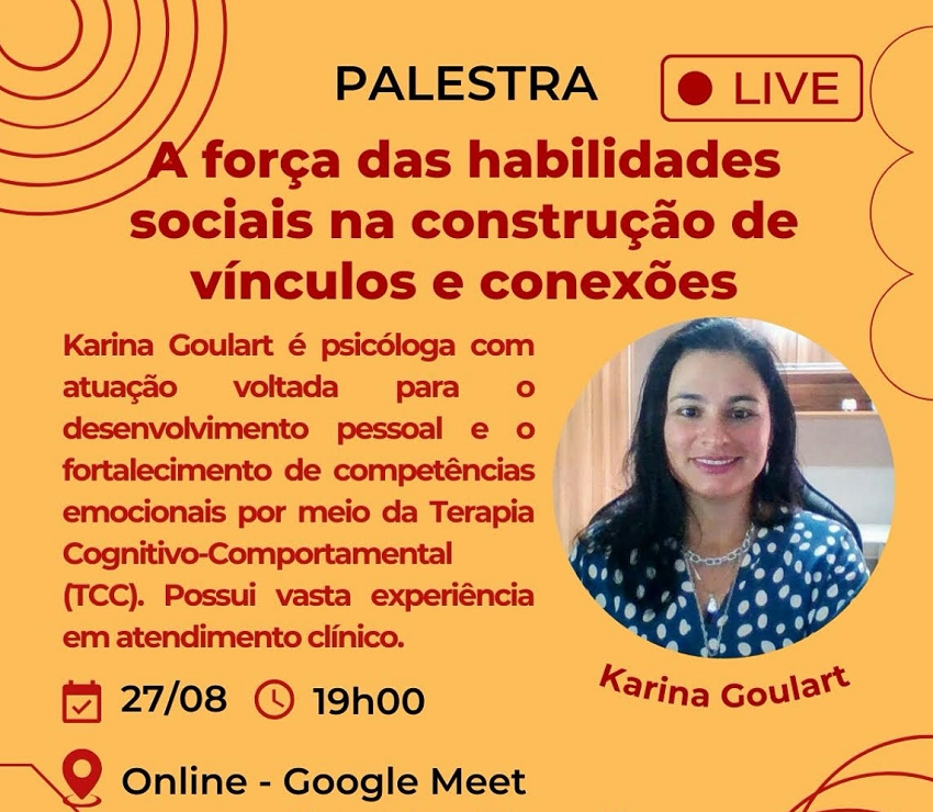 Imagem em fundo amarelho com informações do evento e foto de Karina Goulart, uma mulher branca, de cabelos escuros e longos, usando uma blusa azul com bolinhas brancas.