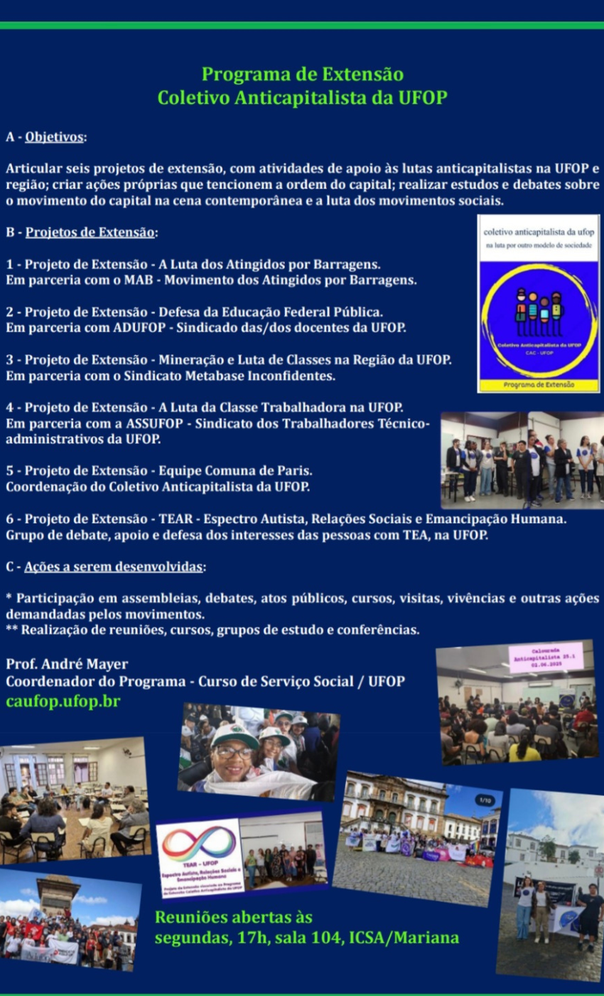  Imagem com a discrição do objetivo do coletivo e os projetos extensionistas. O fundo e azul-escuro contrate em verde, contém fotos dos encontros.  