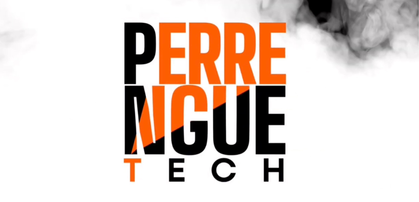 Logotipo com o texto "PERRENGUE TECH" em caixa alta. "PERRE" e "NGUE" estão empilhados em fonte grossa, alternando preto e laranja com um corte diagonal estilizado. A palavra "TECH" está abaixo, menor. Fundo branco com fumaça cinza no topo