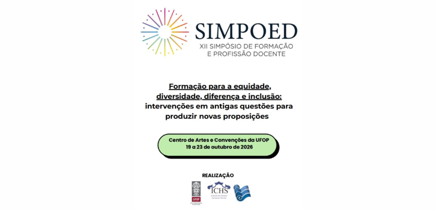 **Alt text (sucinto):** Cartaz do XII SIMPOED com o tema “Formação para a equidade, diversidade, diferença e inclusão”. O evento será realizado de 19 a 23 de outubro de 2026, no Centro de Artes e Convenções da UFOP, com realização da UFOP e do ICHS.