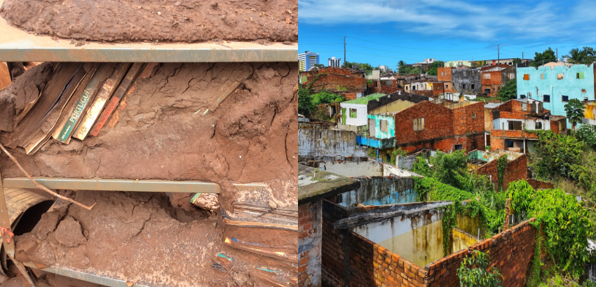 Montagem com fotos do desastre de mariana e macéio