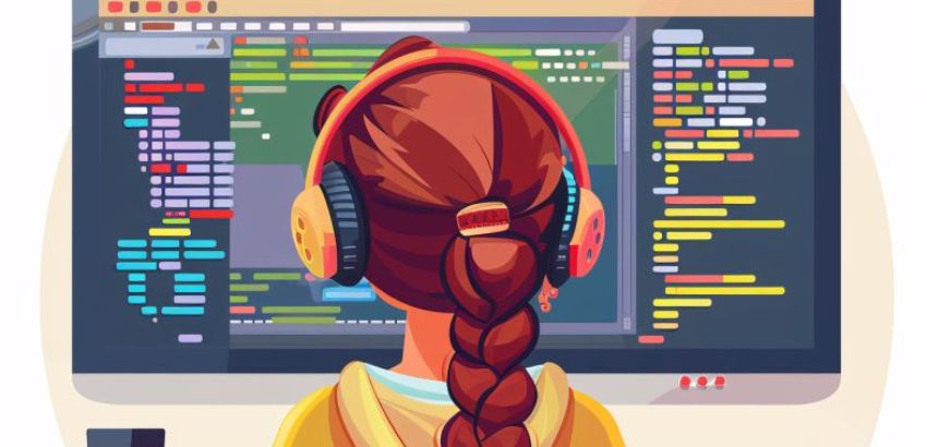 Menina com fone de ouvido programando em um computador, vista de costas, com códigos coloridos exibidos na tela grande à sua frente.