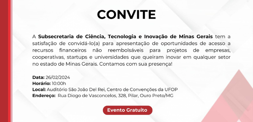 Convite para a palestra de oportunidades da Subsecretaria de Ciência, Tecnologia e Inovação de Minas Gerais.