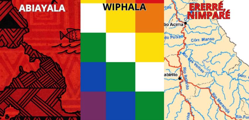 Imagem dividida em três partes. À esquerda, um mapa estilizado das Américas com padrões indígenas em preto sobre fundo vermelho, com a palavra "ABIAYALA" em branco. No centro, a bandeira Wiphala, formada por quadrados coloridos em padrão quadriculado repr