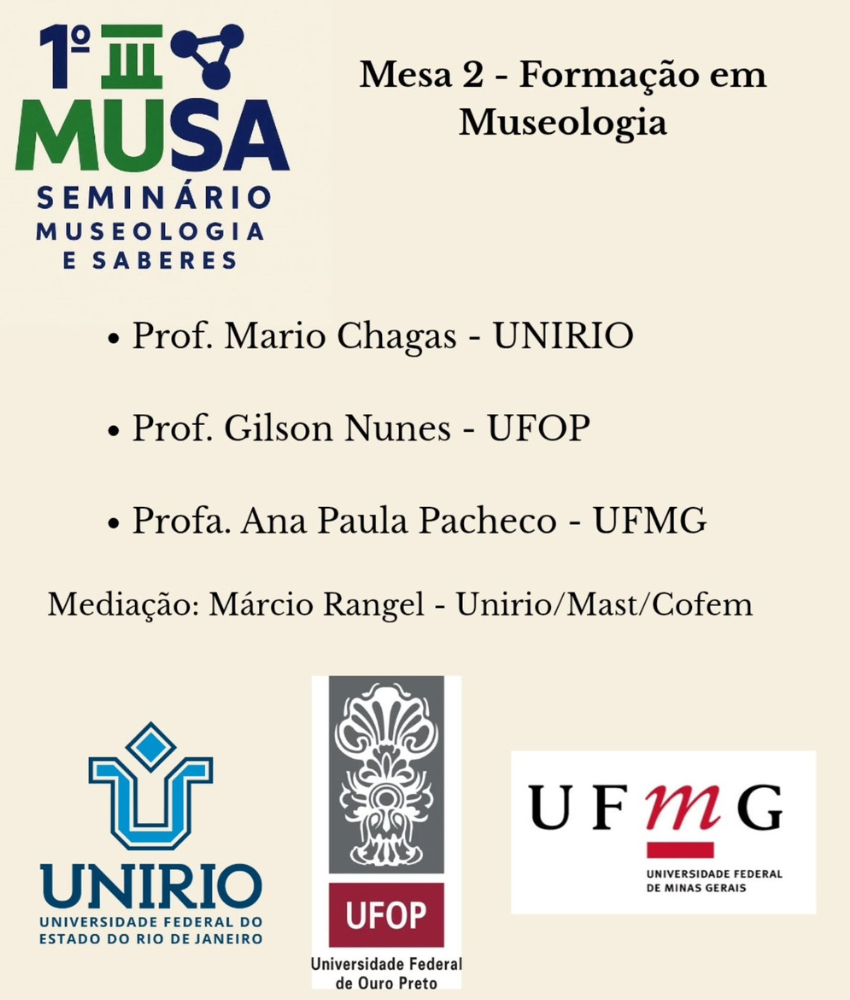Cartaz com fundo rosa, contendo os nomes dos participantes da 2 mesa de museologia. Além disso, estão a logo do evento e das universidades que os professores estão inseridos. 