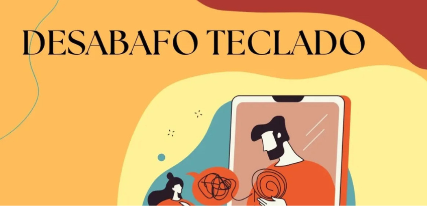 Imagem do projeto Desabafo teclado com fundo amarelo, vermelho e preto. Ilustração de um homem e uma mulher práticando a escuta afetiva através de um celular como meio de comunicação.